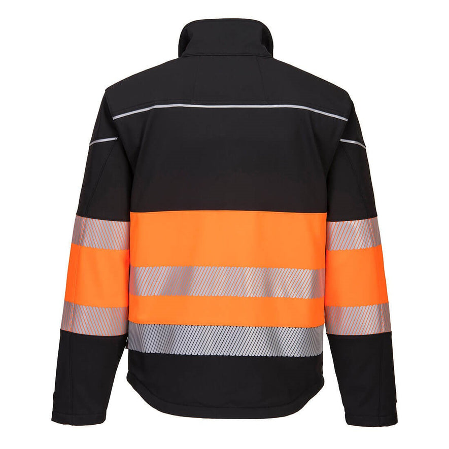 Portwest PW3 class 1 softshell jacket. Jacket is Black and has orange contrast through the middle of the jacket. Jacket has full zip fasten and hi vis bands on the middle of the jacket. Jacket has zip fasten pockets on the side and chest.