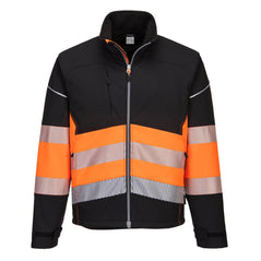 Portwest PW3 class 1 softshell jacket. Jacket is Black and has orange contrast through the middle of the jacket. Jacket has full zip fasten and hi vis bands on the middle of the jacket. Jacket has zip fasten pockets on the side and chest.