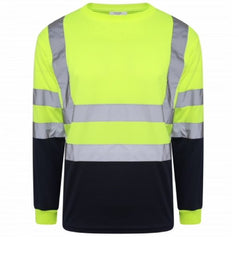 Yellow Hi vis crew neck long sleeve two tone t-shirt with navy accents at the bottom of the shirt and sleeves. T-Shirts have two hi vis waist bands and hi vis shoulder bands.