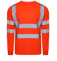 Orange Hi vis crew neck long sleeve t-shirt. T-Shirts have two hi vis waist bands and hi vis shoulder bands.