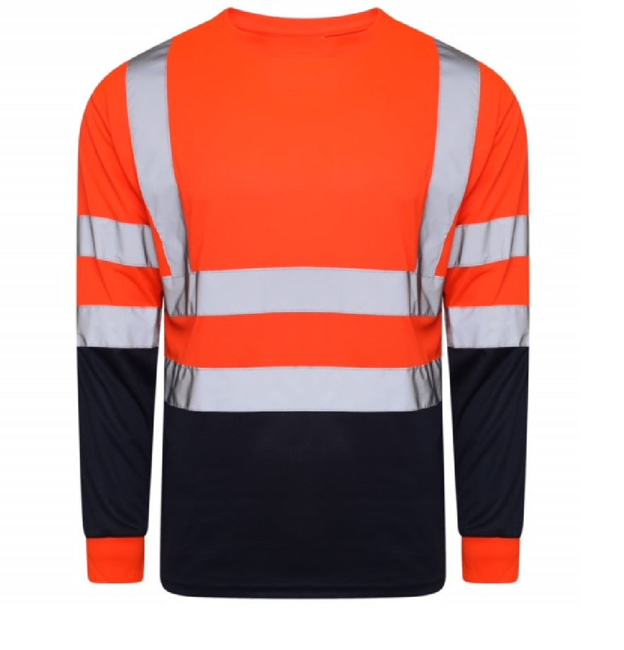 Orange Hi vis crew neck long sleeve two tone t-shirt with navy accents at the bottom of the shirt and sleeves. T-Shirts have two hi vis waist bands and hi vis shoulder bands.