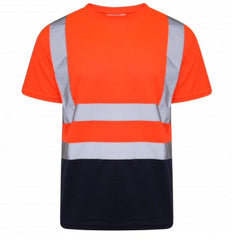 Orange Hi vis crew neck short sleeve two tone t-shirt with navy accents at the bottom of the shirt. T-Shirts have two hi vis waist bands and hi vis shoulder bands.