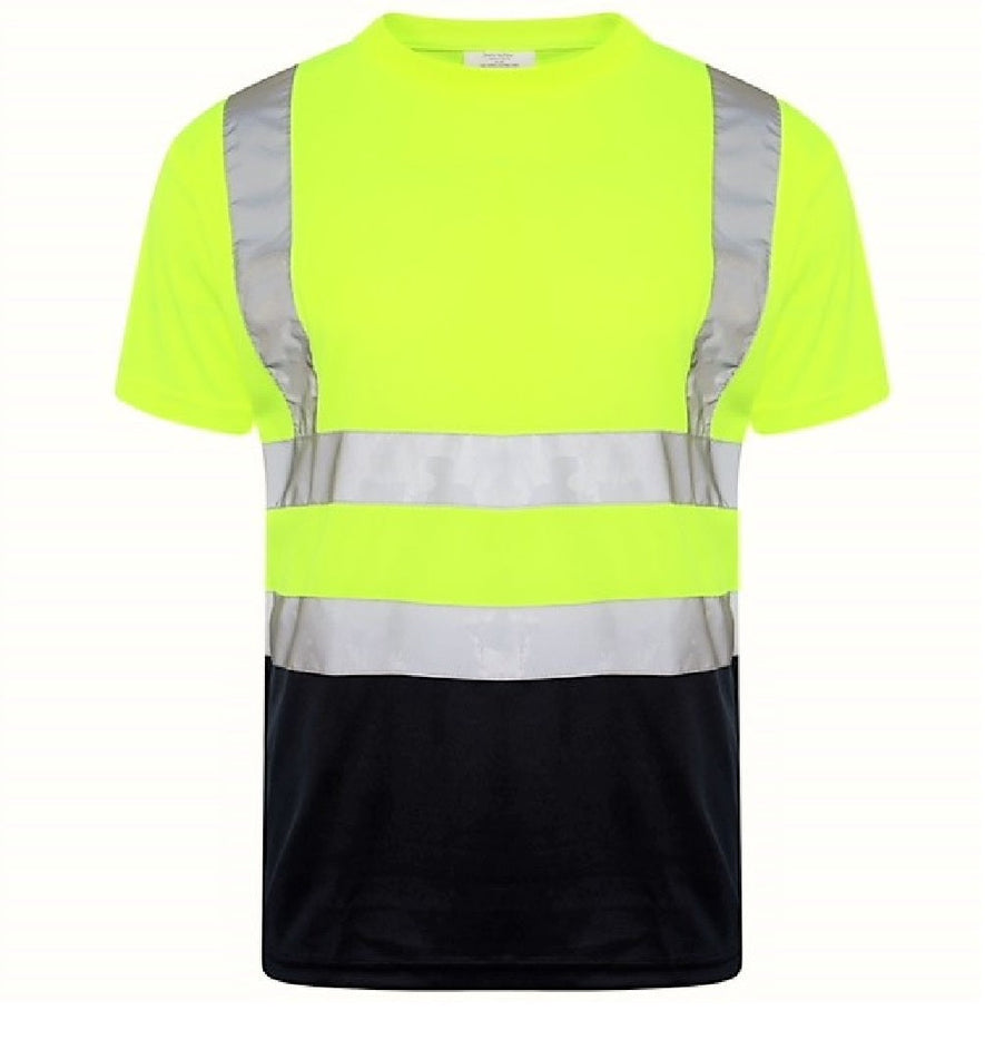 Yellow Hi vis crew neck short sleeve two tone t-shirt with navy accents at the bottom of the shirt. T-Shirts have two hi vis waist bands and hi vis shoulder bands.