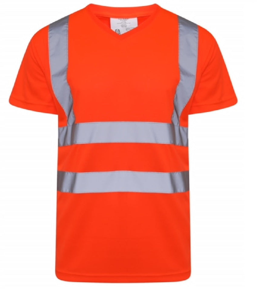 Orange Hi vis V neck short sleeve t-shirt. T-Shirts have two hi vis waist bands and hi vis shoulder bands.