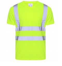 Yellow Hi vis V neck short sleeve t-shirt. T-Shirts have two hi vis waist bands and hi vis shoulder bands.