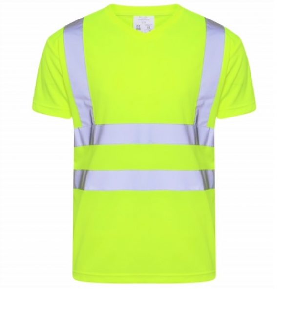 Yellow Hi vis V neck short sleeve t-shirt. T-Shirts have two hi vis waist bands and hi vis shoulder bands.