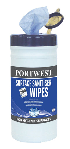 White pot of 200 portwest surface sanitiser wipes. Wipe bottle has blue contrast branding.