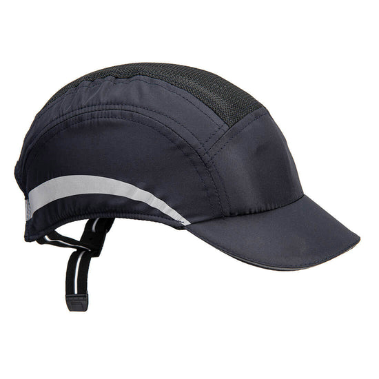 Side of Portwest AirTech Light Bump Cap in navy with peak, reflective panel on side and elasticated strap with buckle on back.