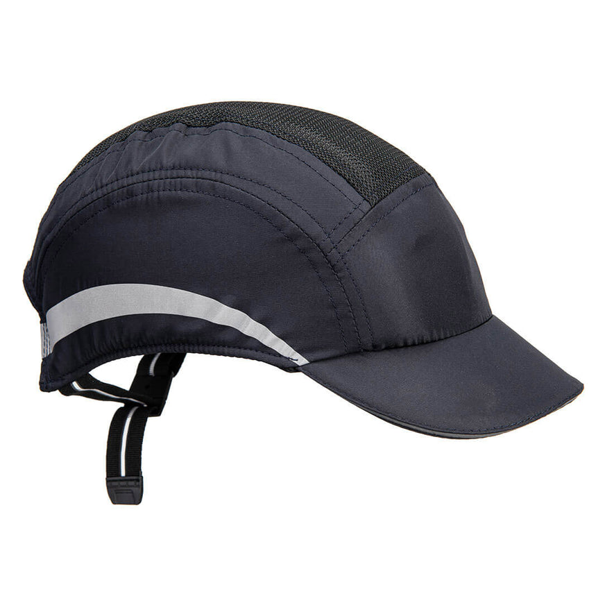 Side of Portwest AirTech Light Bump Cap in navy with peak, reflective panel on side and elasticated strap with buckle on back.