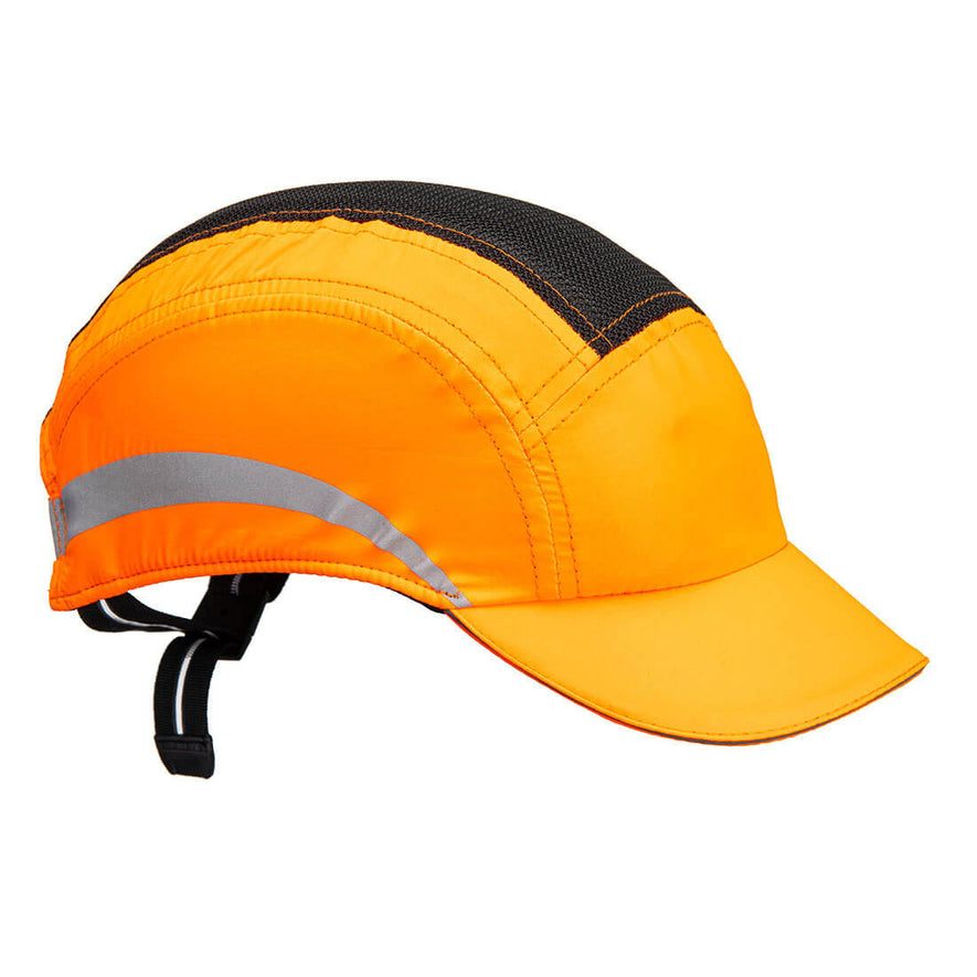 Side of Portwest AirTech Light Bump Cap in orange with peak, reflective panel on side and elasticated strap with buckle on back.
