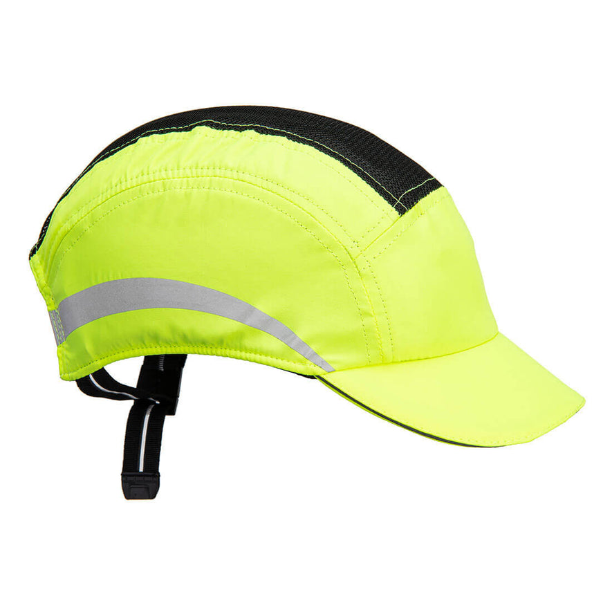 Side of Portwest AirTech Light Bump Cap in yellow with peak, reflective panel on side and elasticated strap with buckle on back.