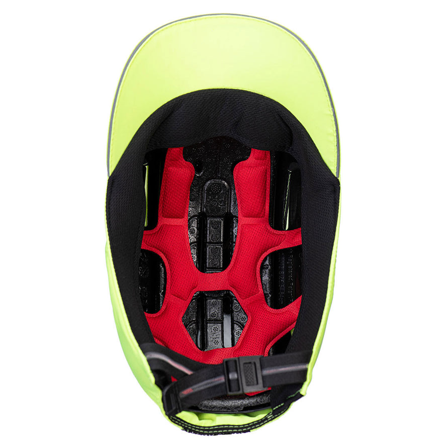 Underneath of Portwest AirTech Light Bump Cap in yellow with peak, elasticated strap and buckle on back, red harness and hard shell inner.