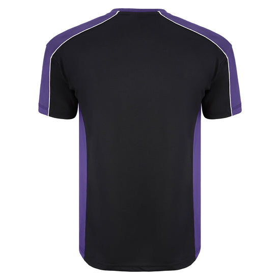 Back of Orn Workwear Avocet Wicking T-Shirt in black with purple accents on the sides, neck and arms, shirt also has white stithcing on the arms.
