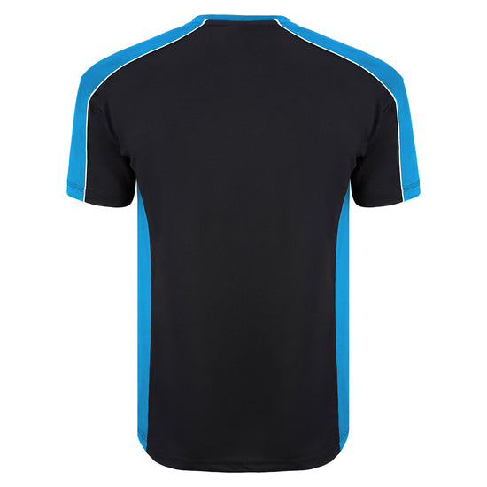 Back of Orn Workwear Avocet Wicking T-Shirt in black with reflex blue accents on the sides, neck and arms, shirt also has white stithcing on the arms.