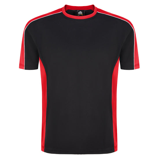 Orn Workwear Avocet Wicking T-Shirt with round neck in black with red accents on the sides, neck and arms, shirt also has white stithcing on the arms.