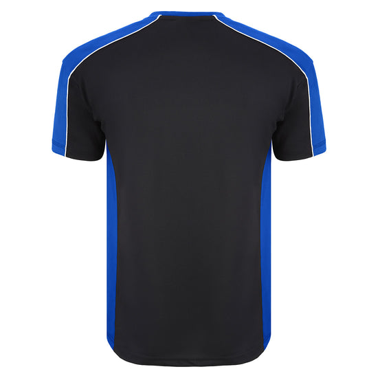 Back of Orn Workwear Avocet Wicking T-Shirt in black with royal blue accents on the sides, neck and arms, shirt also has white stithcing on the arms.