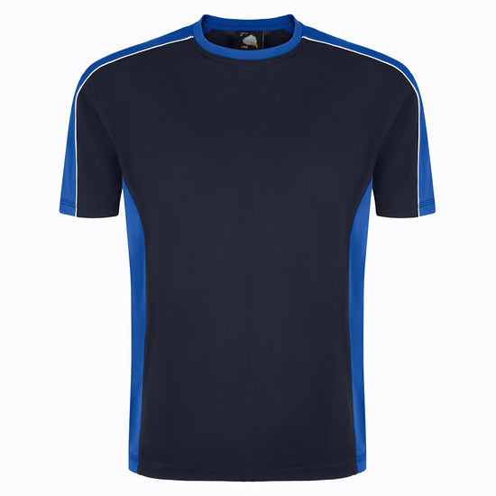 Orn Workwear Avocet Wicking T-Shirt with round neck in navy with royal blue accents on the sides, neck and arms, shirt also has white stithcing on the arms.