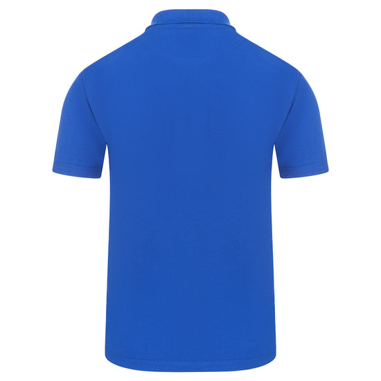 Back of Orn Workwear Osprey EarthPro Poloshirt with button up collar in royal blue.