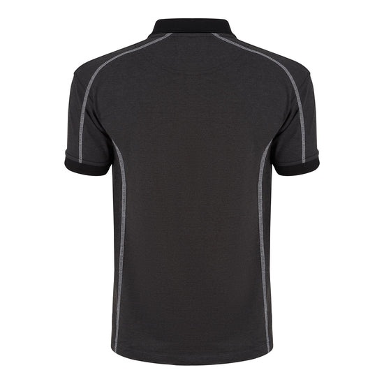 Back of Orn Workwear Crane Poloshirt with button up collar in charcoal melange with contrast black stitching.