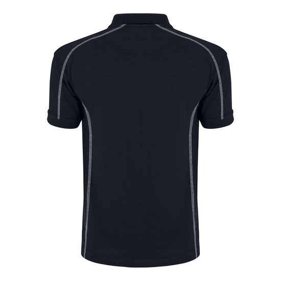 Back of Orn Workwear Crane Poloshirt with button up collar in navy with contrast grey stitching and a white line down the placket.