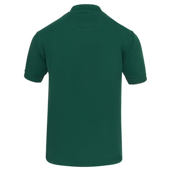 Back of Orn Workwear Eagle Poloshirt with button up collar in bottle green.