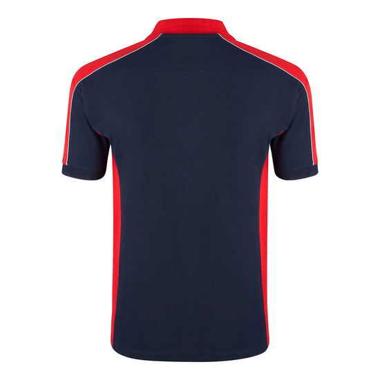 Back of Orn Workwear Avocet Poloshirt with button up collar in navy with red contrast on the collar, arms and sides of the shirt, with white piping.