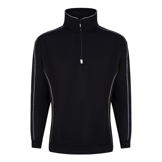 Orn Workwear Crane-1/4-Zip-Sweatshirt with zip neck collar in black with contrast grey stitching.