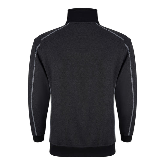 Back of Orn Workwear Crane-1/4-Zip-Sweatshirt with zip neck collar in charcoal melange with contrast grey stitching.