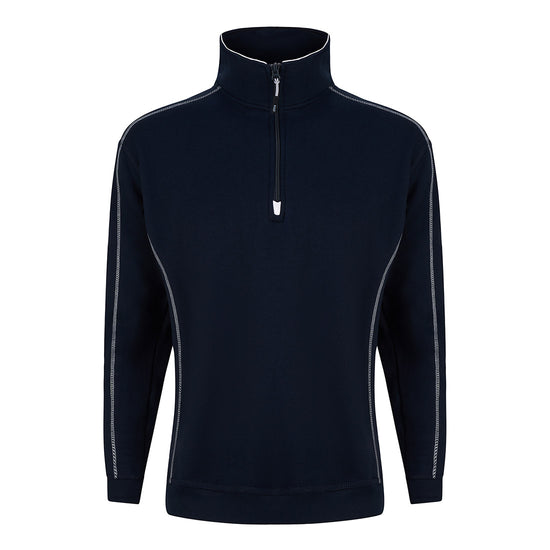 Orn Workwear Crane-1/4-Zip-Sweatshirt with zip neck collar in navy with contrast grey stitching.