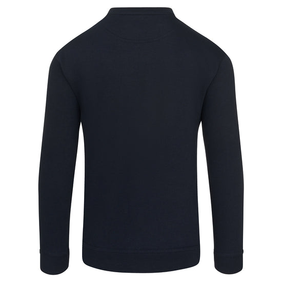 Back of Orn Workwear Kite Sweatshirt with round neck collar in navy.
