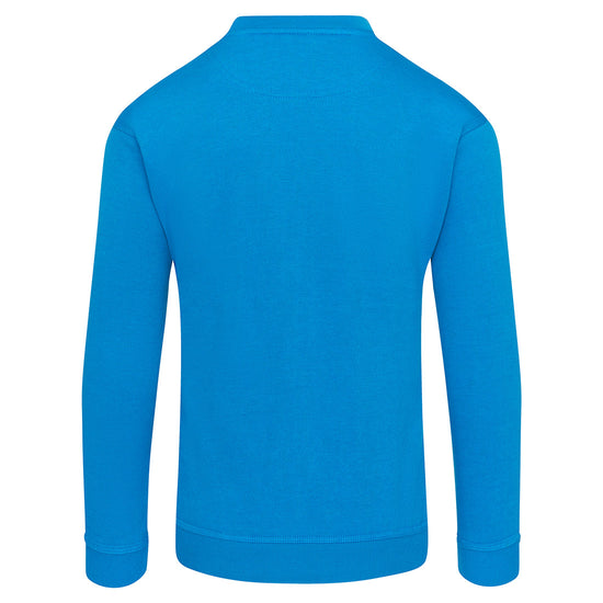 Back of Orn Workwear Kite Sweatshirt with round neck collar in reflex blue.