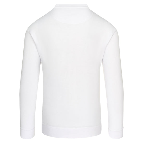 Back of Orn Workwear Kite Sweatshirt with round neck collar in white.
