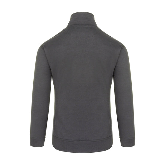 Back of Orn Workwear Grouse 1/4 Zip up Sweatshirt in black with white lining on the collar.