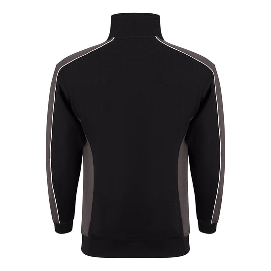 Back of ORN Workwear Avocet 1/4 Zip Sweatshirt in black with graphite grey contrast on the arms and sides with white stitching for contrast through out.