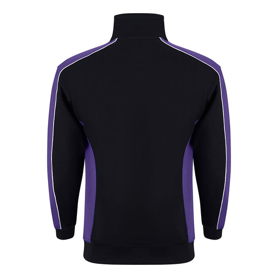Back of ORN Workwear Avocet 1/4 Zip Sweatshirt in black with purple contrast on the arms and sides with white stitching for contrast through out.