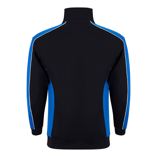 Back of ORN Workwear Avocet 1/4 Zip Sweatshirt in black with royal blue contrast on the arms and sides with white stitching for contrast through out.