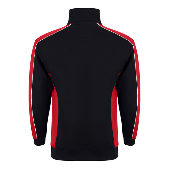 Back of ORN Workwear Avocet 1/4 Zip Sweatshirt in black with red contrast on the arms and sides with white stitching for contrast through out.
