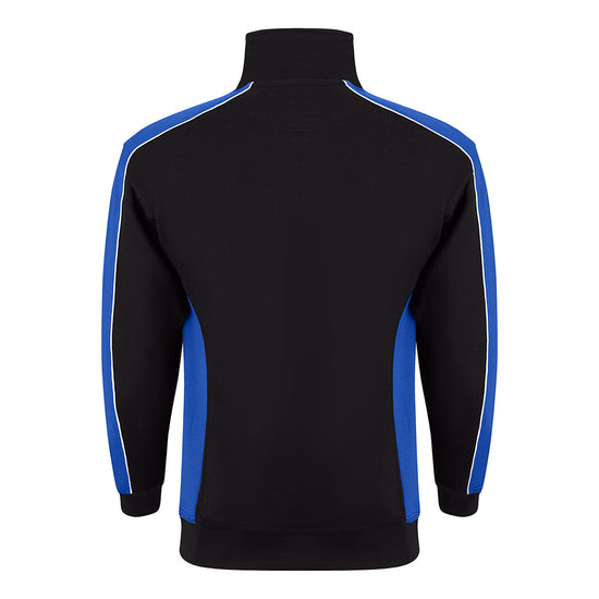 Back of ORN Workwear Avocet 1/4 Zip Sweatshirt in black with royal blue contrast on the arms and sides with white stitching for contrast through out.
