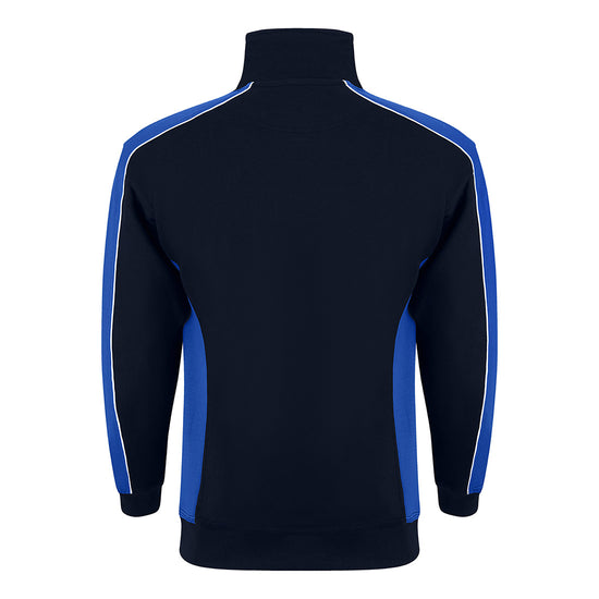 Back of ORN Workwear Avocet 1/4 Zip Sweatshirt in navy with royal blue contrast on the arms and sides with white stitching for contrast through out.
