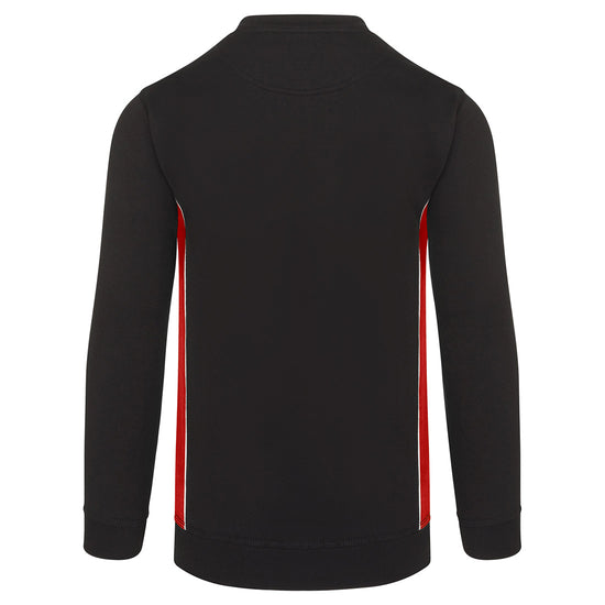 Back of ORN Workwear Silverswift Sweatshirt in black with red contrast on the sides and white stitching for contrast through out.