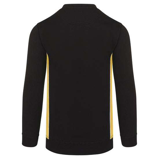 Back of ORN Workwear Silverswift Sweatshirt in black with yellow contrast on the sides and white stitching for contrast through out.