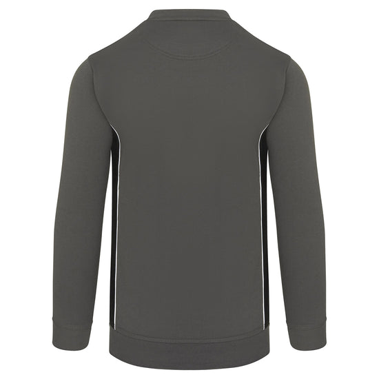 Back of ORN Workwear Silverswift Sweatshirt in graphite grey with black contrast on the sides and white stitching for contrast through out.
