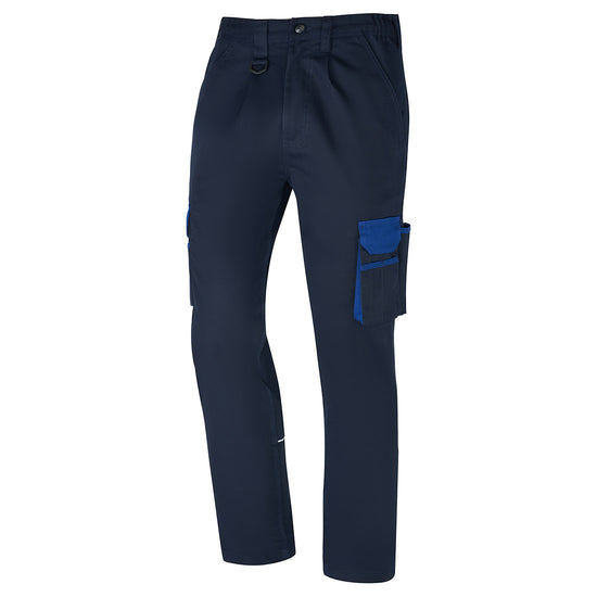 Orn Workwear Silverswift Combat Trouser in navy with button fasten, d loop ring, belt loops and cargo style pockets which have graphite royal blue contrast around them.