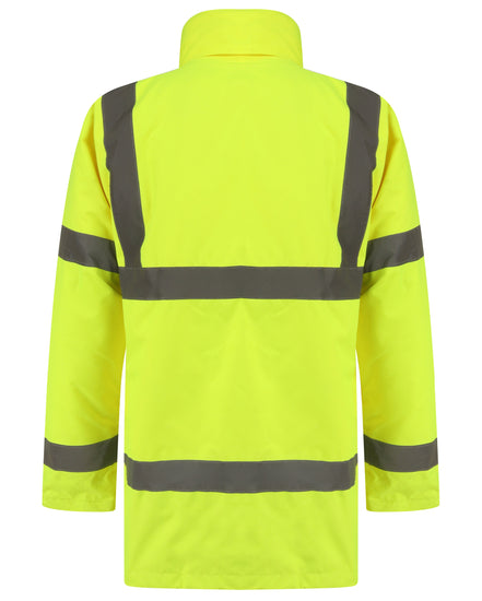 Yellow Hi vis Traffic jacket with two waist bands and shoulder bands. Pop button fasten with a id holder and waist pockets.