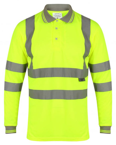 Yellow Hi vis polo shirt long sleeve with grey accents on the collar and wrist cuff. Polo Shirts have two hi vis waist bands and hi vis shoulder bands.