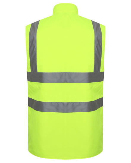 Back of Yellow Hi vis body-warmer with two waist bands and shoulder bands. 