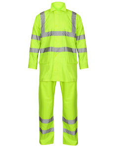 Yellow Hi vis PU rainsuit. Rainsuits are composed of trousers and a jacket. Jackets have two hi vis waist bands and hi vis shoulder bands, Trousers have two hi vis ankle bands.