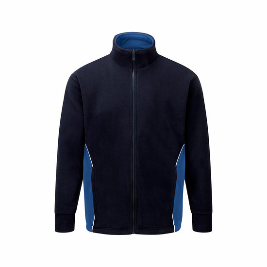 Orn Workwear Silverswift Fleece in navy with contrast royal blue around the side pockets, jacket is zip fasten.