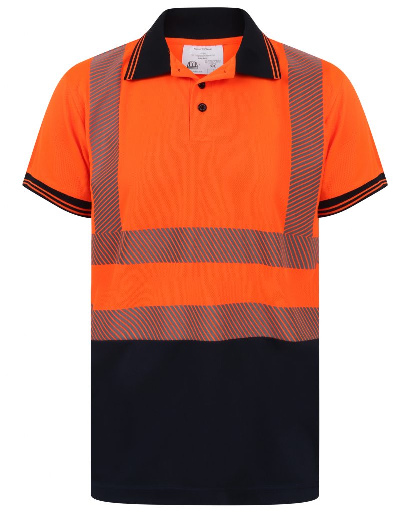 Orange Hi vis polo shirt short sleeve with navy accents on the collar, Bottom of the shirt and wrist cuff. Polo Shirts have two hi vis waist bands which are heat seal and hi vis shoulder bands.