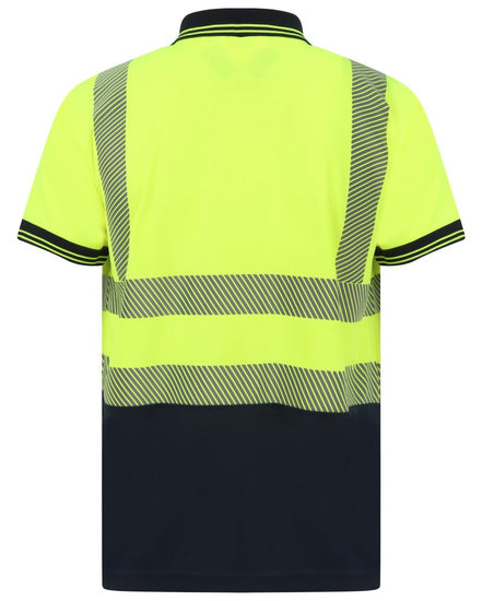 Yellow Hi vis polo shirt short sleeve with navy accents on the collar, Bottom of the shirt and wrist cuff. Polo Shirts have two hi vis waist bands which are heat seal and hi vis shoulder bands.